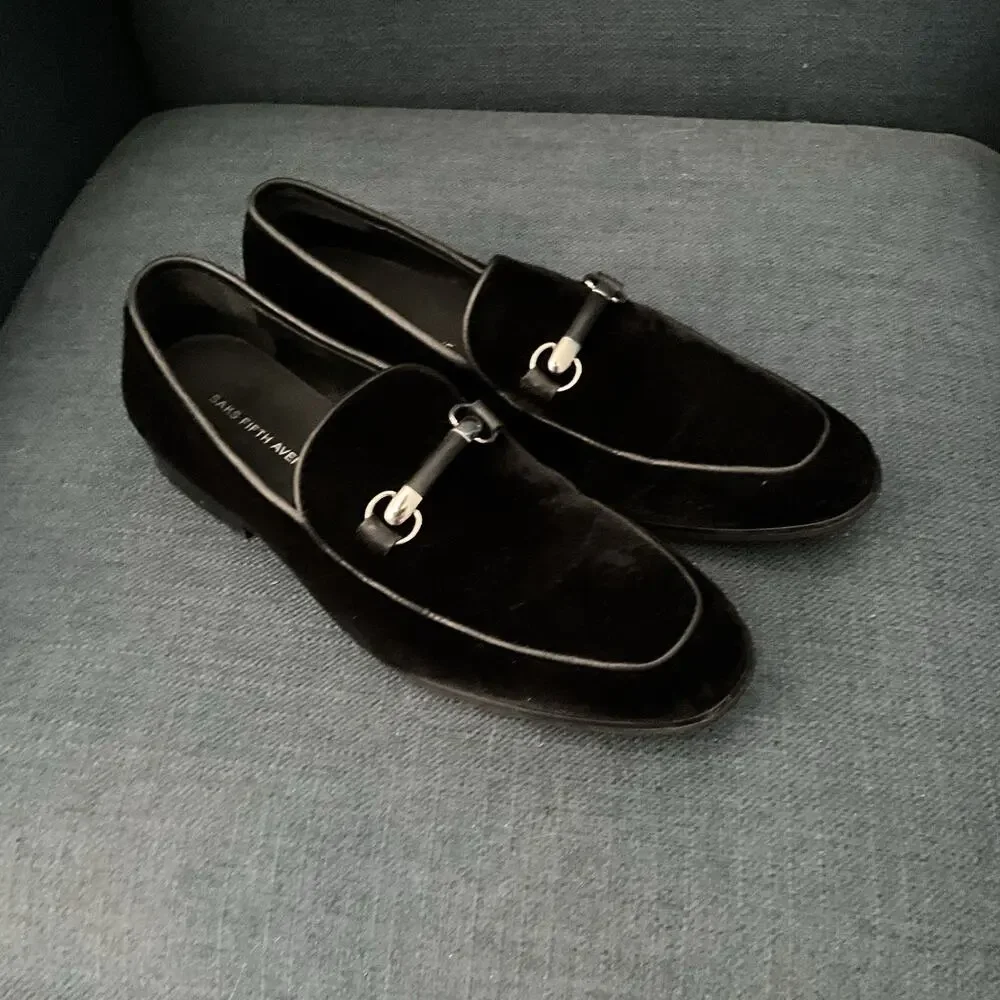 Saks Fifth Avenue Black Velvet Bit Loafers Evening Shoes Mens 7.5M DOLO-1